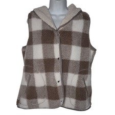 Woolrich Sherpa Check Fleece Vest Women L Brown Tan Buffalo Plaid Outdoor Casual