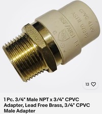1 Pc. 3/4" Male NPT x 3/4" CPVC Adapter, Lead Free Brass, 3/4" CPVC Male Adapter