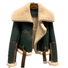 Shearling Sheep Lamb Fur Line Women Suede Motor Casual Coat Jacket Outwear Warm