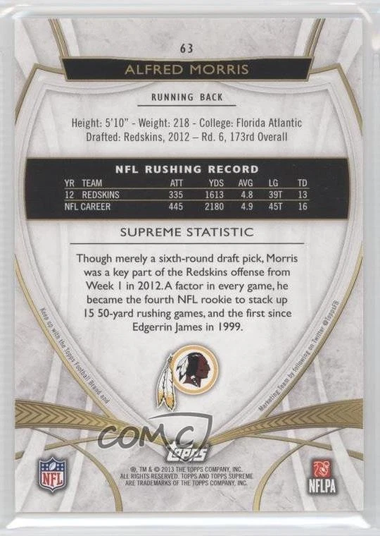 2013 Topps Supreme Sepia /75 Alfred Morris #63 - Image 2 of 2