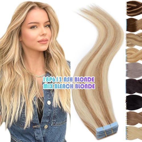 100% Real Remy Skin Weft Tape in Human Hair Extensions THICK Full Head 150G 18in - Picture 36 of 44