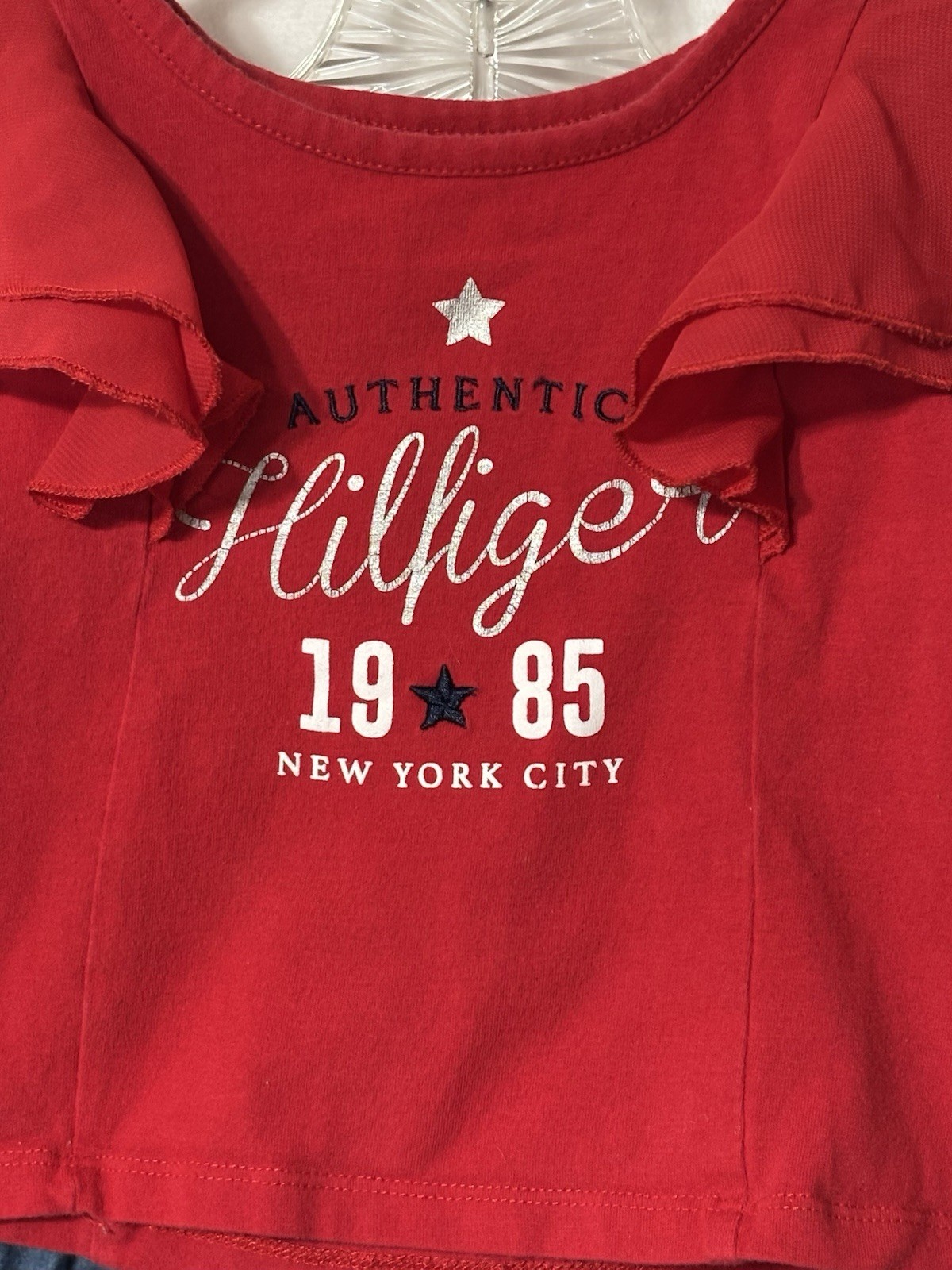 Tommy Hilfiger Girls 2PC NYC Set Red Ruffle Top Ruffle Jean Skirt 2T Kids image 2