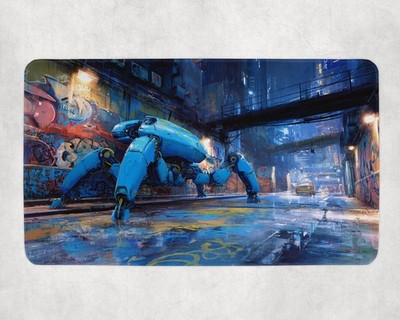 Blue Spider Mecha MTG Playmat - Neon Cyberpunk Alley Robot Mat