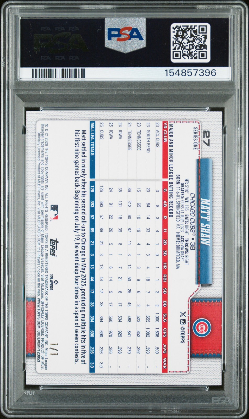 2026 TOPPS FIRST CARD 1/1 #27 MATT SHAW 1/1 PSA 9 view 2