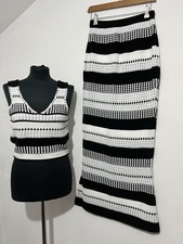 2 Piece Co-ord Set Long Skirt Vest Top Size M UK 12 Black White Stripe Knit