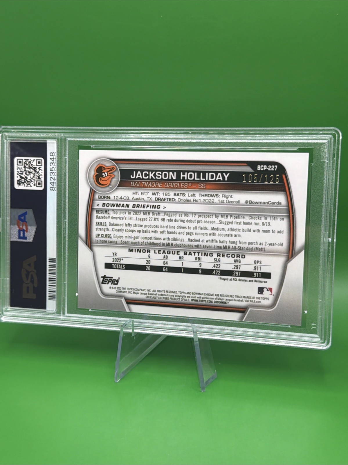 Jackson Holliday 2023 Bowman Chrome #BCP-227 Aqua Pink Vapor 105/125 PSA 10 view 6