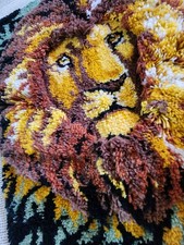 Vtg 1970s Lion Latch Hook Rug Wall Hanging 25x30 Retro Mid Century Shag Art Leo