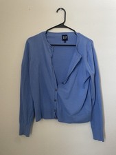 Gap Women's Blue Knit Button-Front Cardigan Sweater M Crew Neck Lightweight