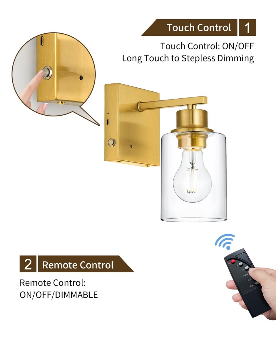 FTL Battery-Operated Crystal Wall Sconce Set Of 2 – Gold Rechargeable Dimmable Lights With Remote, No Wiring Needed