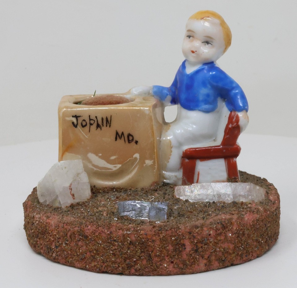 1950's Vintage Joplin Souvenir Pin Cushion Handpainted Seated Boy Rock