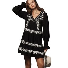 Anthropologie Long Sleeve Black Embroidered Lace Trim Swing Dress size XXS