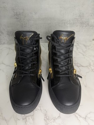 Giuseppe Zanotti Black Leather High Top Sneakers Gold Zipper EU 41 