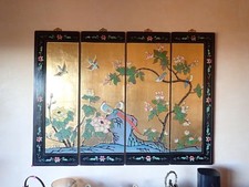 Vintage Japan Coromandel Chinoiserie Gold Gilded Four Panel Screen Wall Hanging