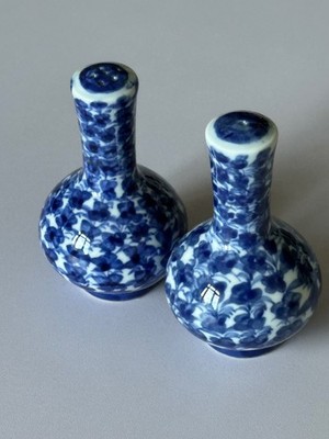 Vintage blau & weiß Porzellan Salz & Pfefferstreuer Blumenmuster Kruzifix Set-