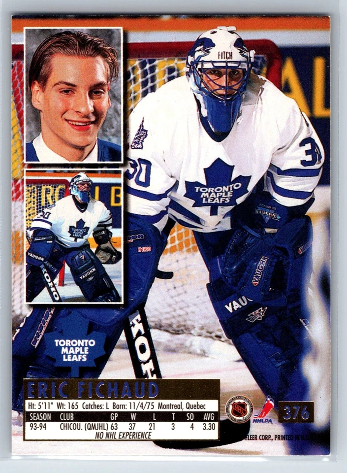 1994-95 Fleer Ultra Eric Fichaud Rookie Toronto Maple Leafs RC #376 - Image 2 of 2