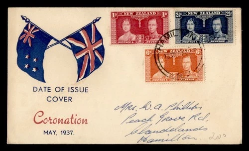 DR WHO 1937 NEW ZEALAND FDC KGVI CORONATION CACHET COMBO HAMILTON M71932