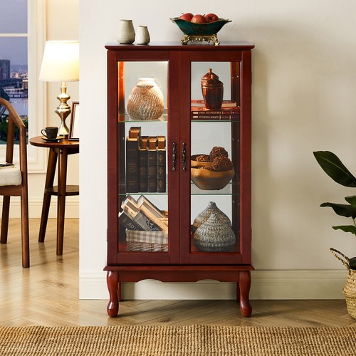Adjustable Shelves Lighted Storage Curio Display Cabinet w/ Tempered Glass Doors - Picture 15 of 24