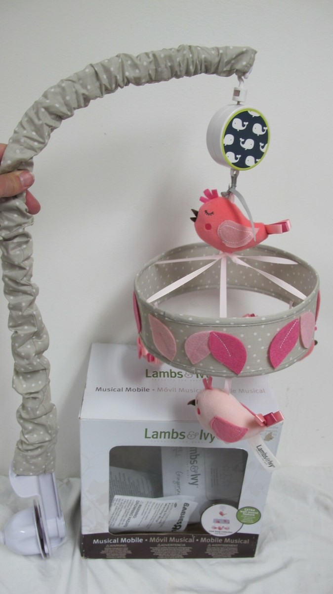 LAMBS IVY MUSICAL MOBILE LOVE SONG COLLECTION PINK GRAY BIRDS