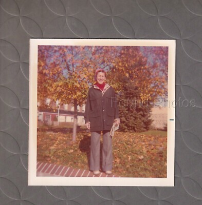 Found Photograph Color Original Women picking up Newspaper among leaves H157