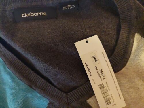 SUÉTER CLAIBORNE CUELLO EN V JERSEY MANGA LARGA HOMBRE XL CHEQUES 100% ALGODÓN - Imagen 3 de 4