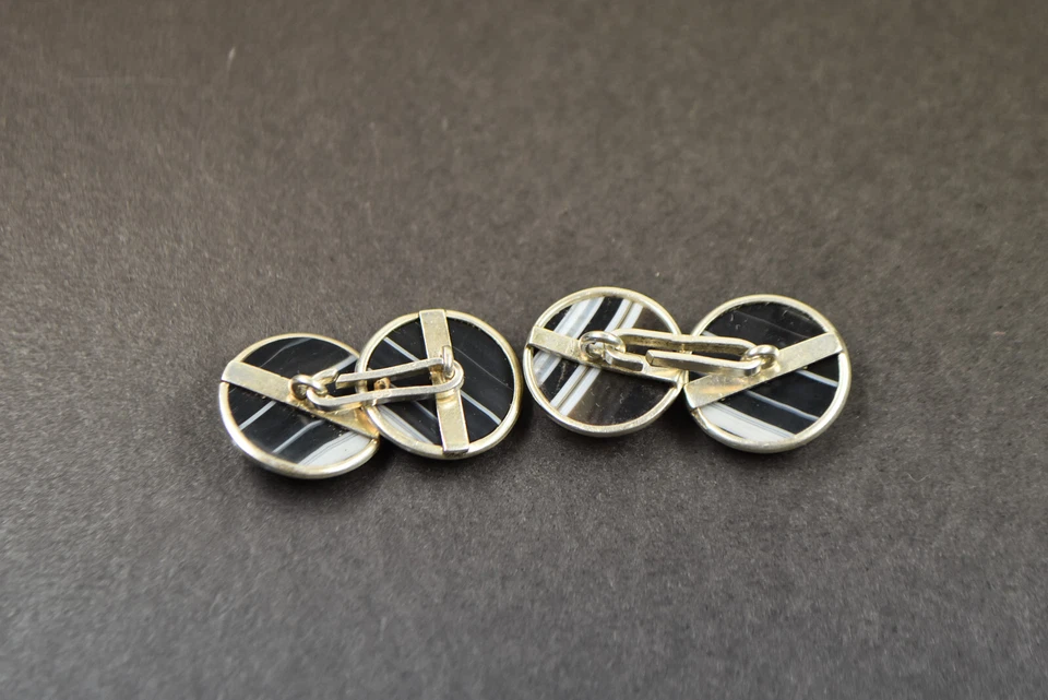 antike Manschettenknöpfe Silber 830 mit Streifenonyx. Art Deco um 1930 - Bild 3 von 4