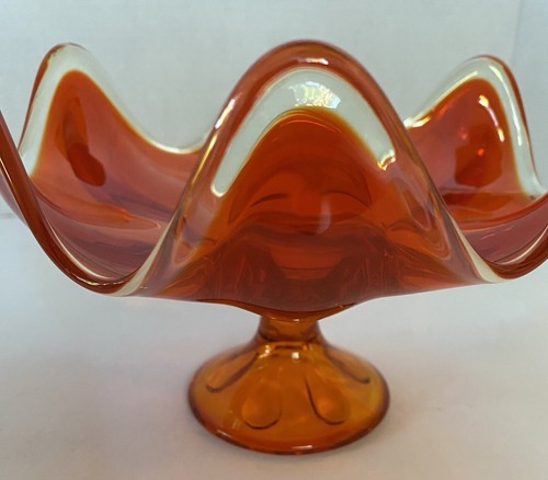 VIKING Epic 6 Petal ART GLASS PERSIMMON Footed PEDESTAL Orange Amberina GORGEOUS - Picture 9 of 13