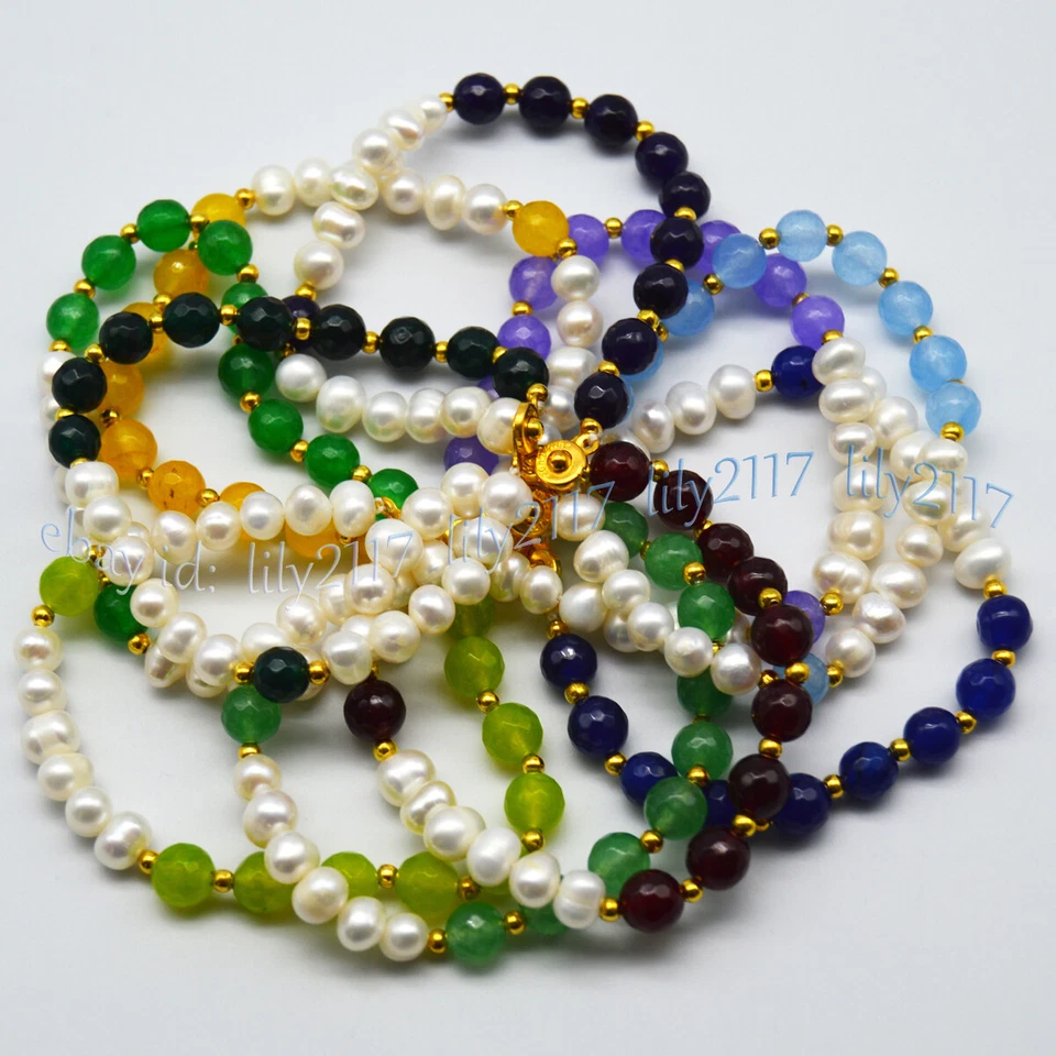 Pulseras de cuentas redondas facetadas de perlas barrocas blancas naturales de 7-8 mm de 7,5"" Foto 2 de 4