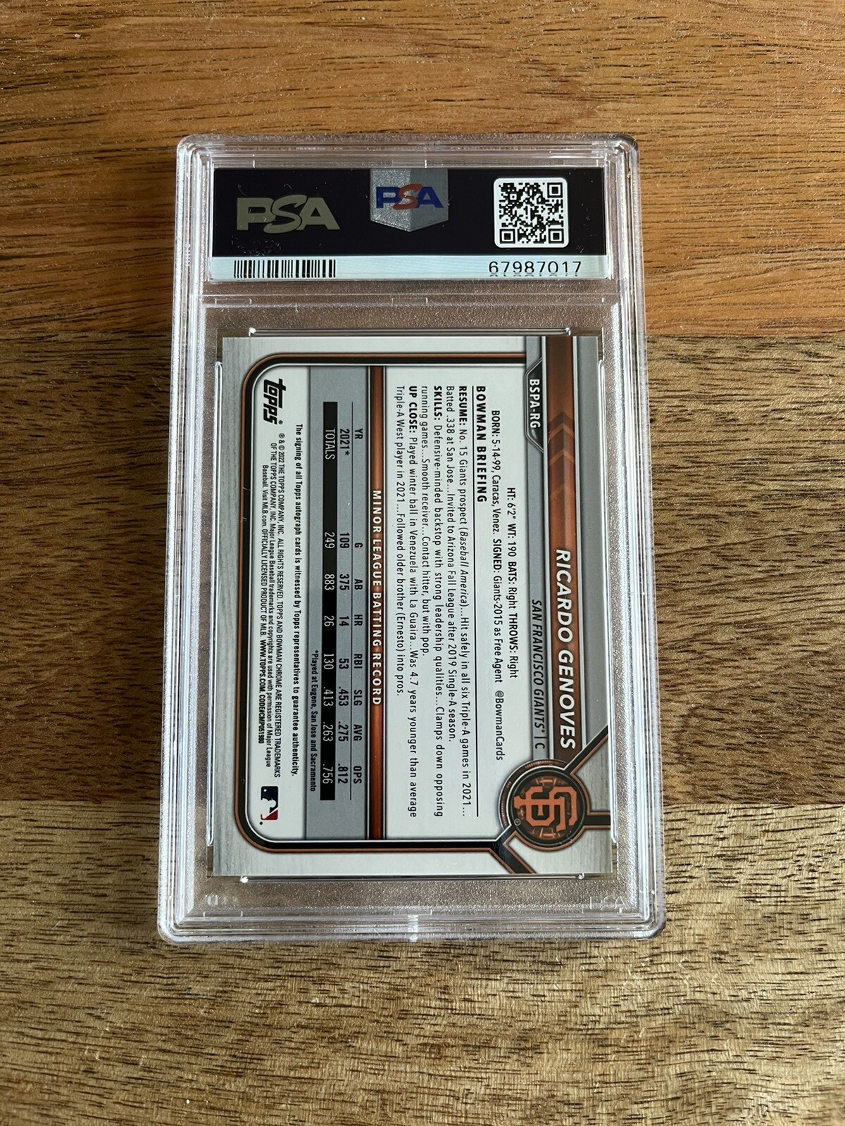 2022 Bowman Chrome Sapphire Ricardo Genoves 1st Auto Purple #d 10/10 PSA 9 view 2