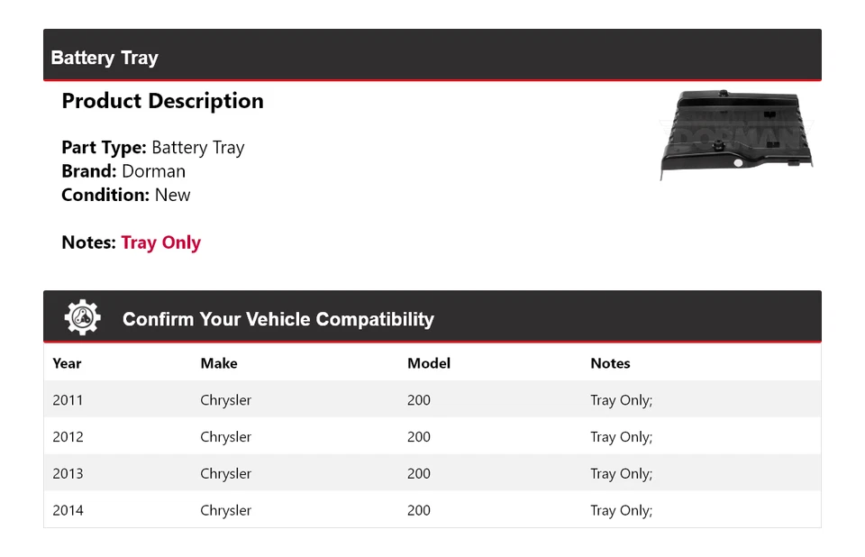 Bandeja de batería para Chrysler 200 Dorman 2011-2014 2012 2013 Foto 2 de 4