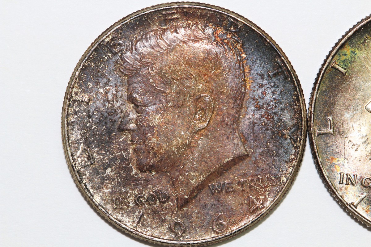 Two 1964-P Rainbow Toned Kennedy 90% Silver Half Dollar Mint State