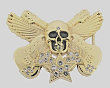 Skull Belt Buckle Crossbones Guitars Gold Metal Bling Halloween Pirate Costume