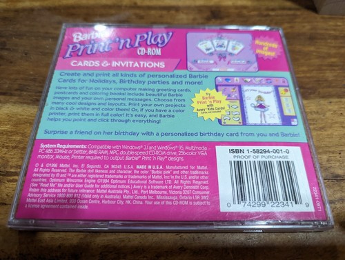 Barbie Print'n Play - for Cards & Invitations (PC, 1996) CD-ROM with Case  - Picture 2 of 4