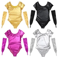Womens Ballet Suit Leotad Bodysuit Short Sleeve Leotard Dance Tracksuit Shiny