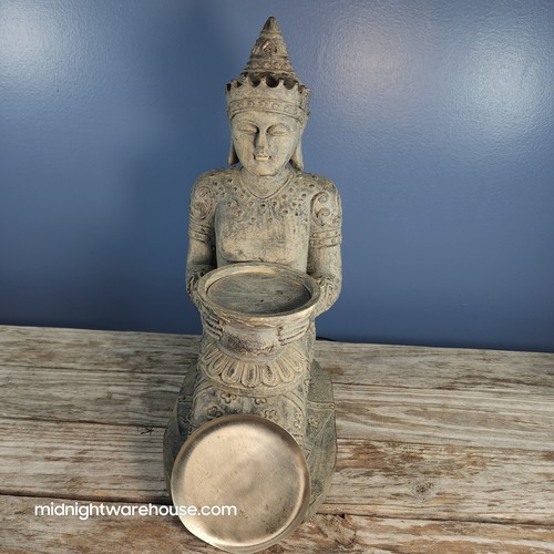 Buddha Statue Kneeling w/ Candle Holder Pewter Plate 15" Tall Hand Painted - Picture 5 of 10