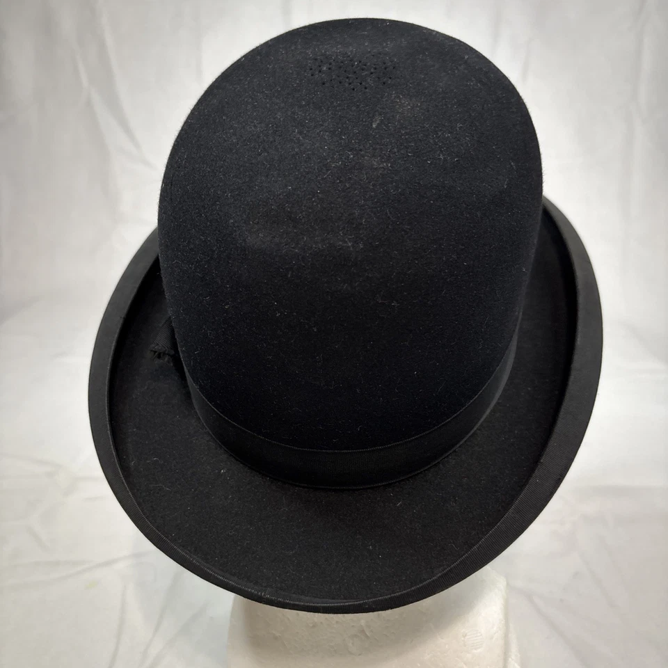 John B. Stetson Felt Derby Bowler Hat Black Brown Leather Band Inside 6-7/8 - Image 4 of 4
