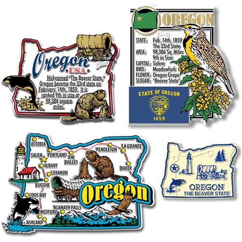 Oregon Four-Piece State Magnet Set by Classic Magnets, Includes 4 Designs