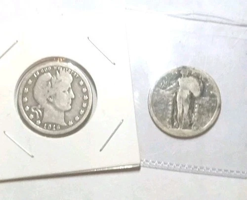 Lot of 2 U.S. Quarters 90% Silver  1916 P Barber/Denver Standing Liberty Lot #36