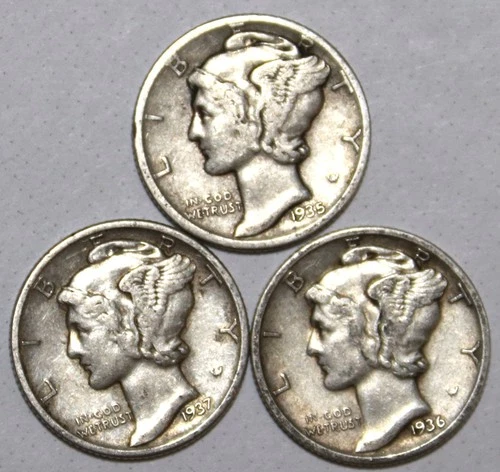 (3) Mercury Dimes - 1935P 1936P 1937P - VF/XF - #0912ED - FREE SHIPPING