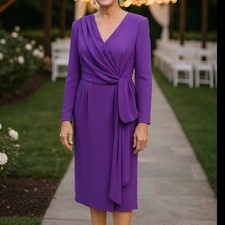 Carolina Herrera Neiman Marcus Silk Purple V Neck Draped Knot Midi Dress Size 8