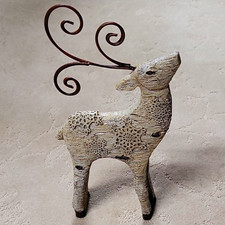 Wooden Reindeer Figurine Scroll Antlers White Textured Finish Floral 3D 1 Pack