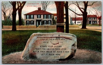 Lexington Massachusetts Stone Boulder Message House Scene ANTIQUE Postcard 9362