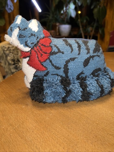 VTG Needlepoint Cat Doorstop Weighted Kitty Plush Handmade 8.5in Folk Art