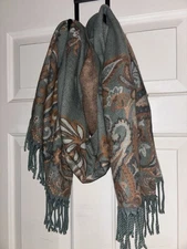 Pashmina Scarf Shawl Wrap Blue Brown Paisley Print Fringe 🆕 6’x2’ 🌞