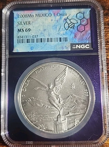 2008-Mo Mexico 1 oz Silver Libertad MS-69 NGC Purple Core Traderbea Slab (#410)