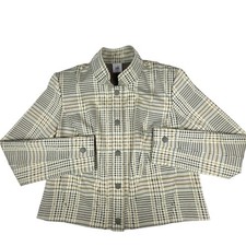 Cabi 4498 High-Low Glen Plaid Snap Front Travel Jacket Womens Medium Cream Brown