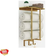 Gold Polished Towel Rack with Shelf & 3 Hooks - Modern Bathroom Organizer