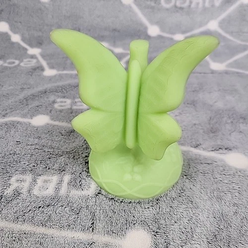 ​Vintage Fenton Green Satin Glass Butterfly Figurine on Floral Base 5"