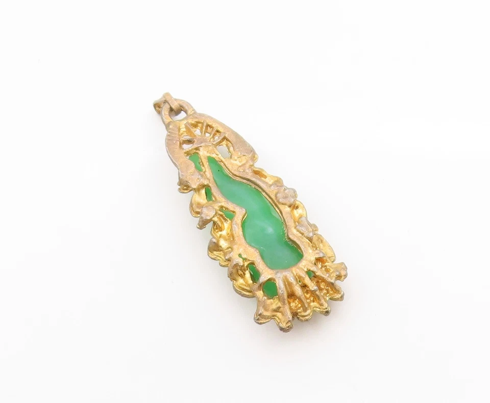 925 Sterling Silver Vintage Pendant Gold Plated Jade God On Lotus Carved PT24606 - Image 4 of 4
