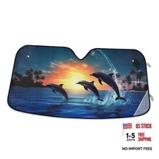 Windshield Sunshade for Front Window, Blue Lisht Sea Moon Dolphins Folding