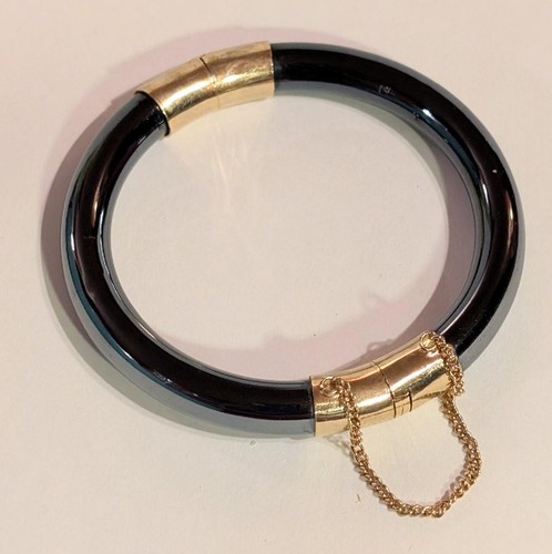 Classic Glass Bangle Style Bracelet Brass Hardware Safety Chain Faux "Hematite" - Picture 1 of 2